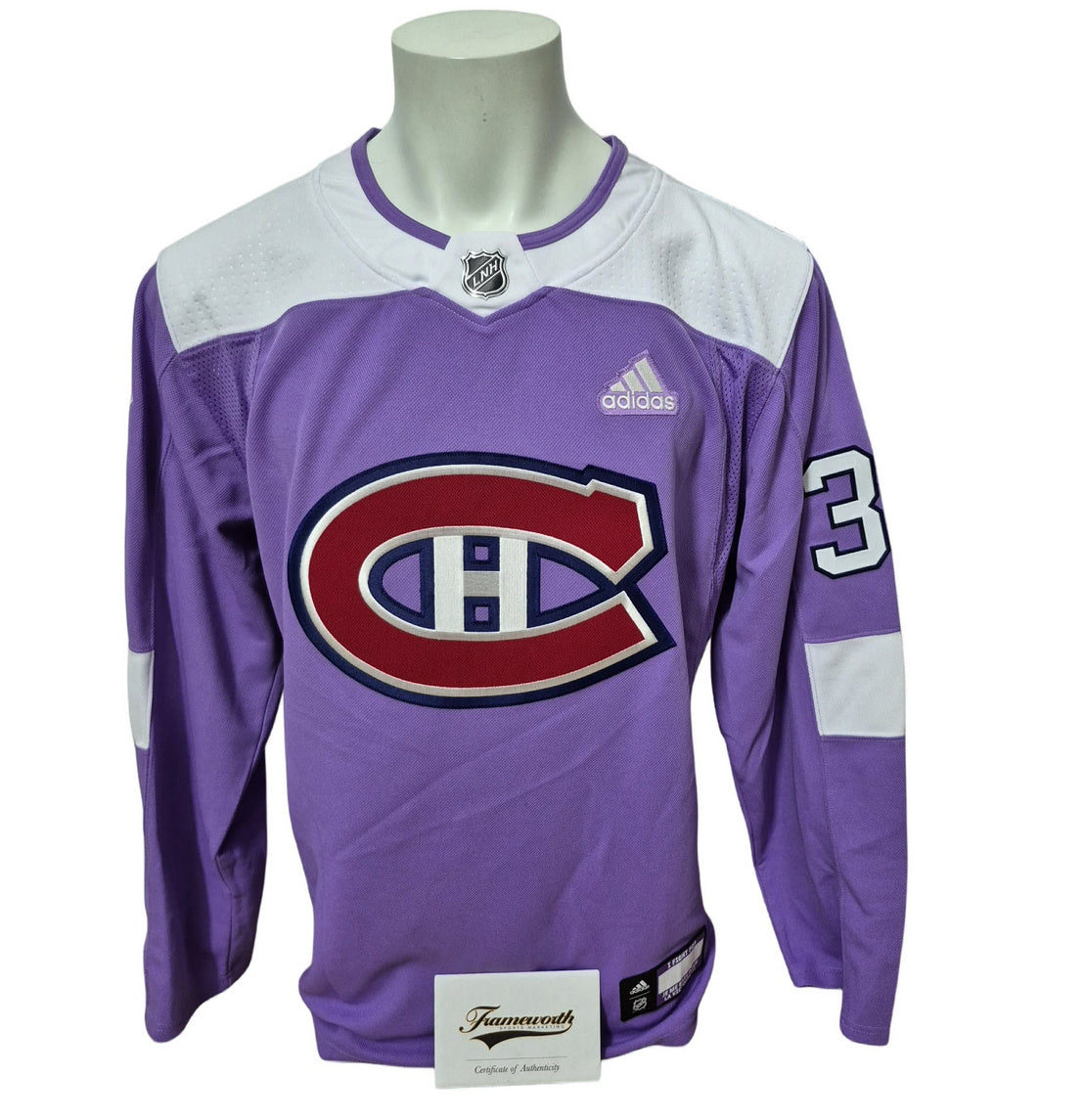 Chandail officiel Adidas signé - Carey Price fight cancer purple Frameworth coa