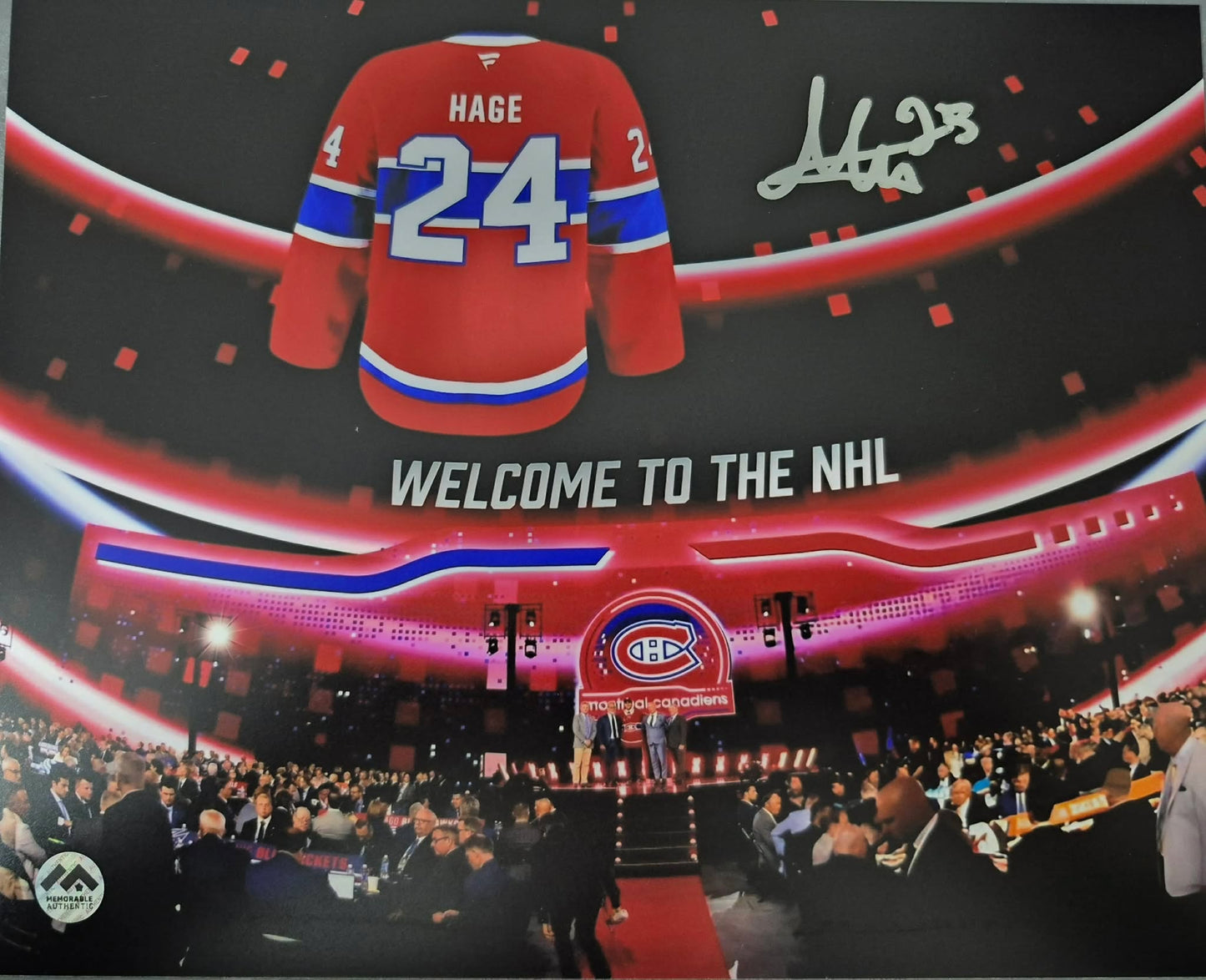 Photo officielle signée 8x10 horizontale - Moment du repêchage de Michael Hage, Memorable coa