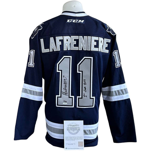 Official CCM signed jersey - Alexis Lafreniere blue inscribed 1st draft pick and LE/50 UD coa