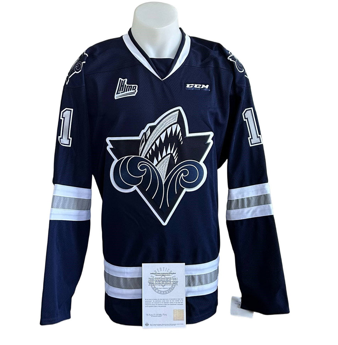 Chandail officiel CCM signé - Alexis Lafreniere bleu inscrit 1st draft pick et LE/50 UD coa