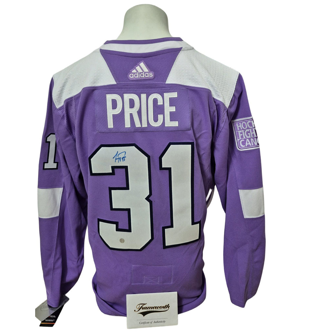 Chandail officiel Adidas signé - Carey Price fight cancer purple Frameworth coa