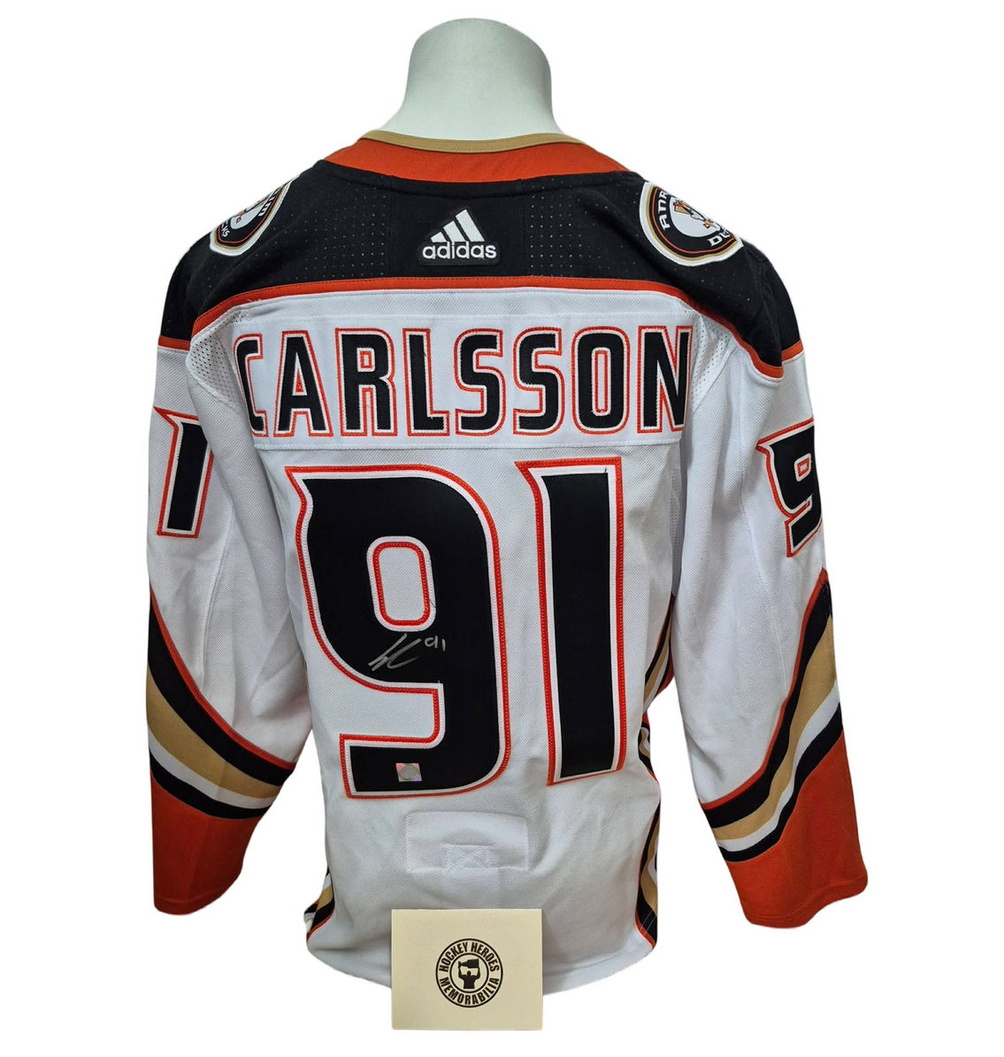 Chandail officiel Adidas signé - Leo Carlsson blanc Heroes of Hockey COA