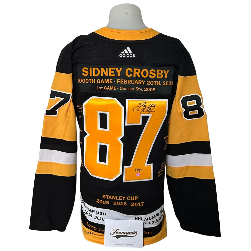 Official Adidas signed jersey - Sidney Crosby home 1000th Game Embroidered Stats and limited /87 Frameworth coa