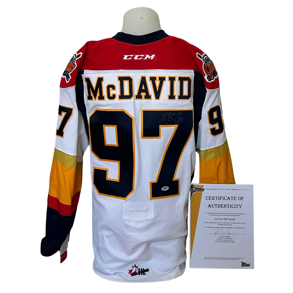 Chandail officiel CCM Pro signé - Connor Mcdavid CHL blanc, édition d'équipe avec coa