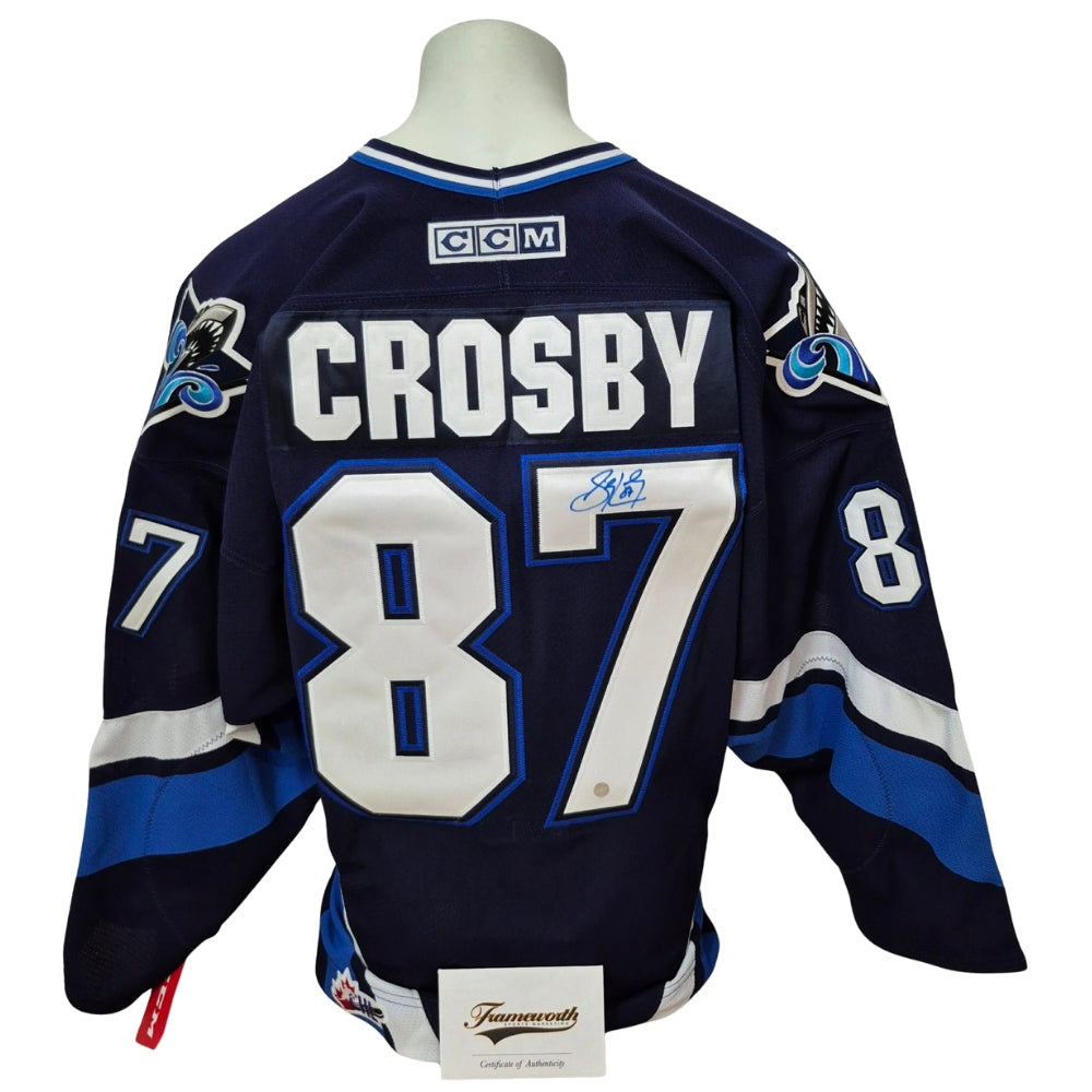 Chandail officiel CCM Pro signé - Sidney Crosby bleu Frameworth coa