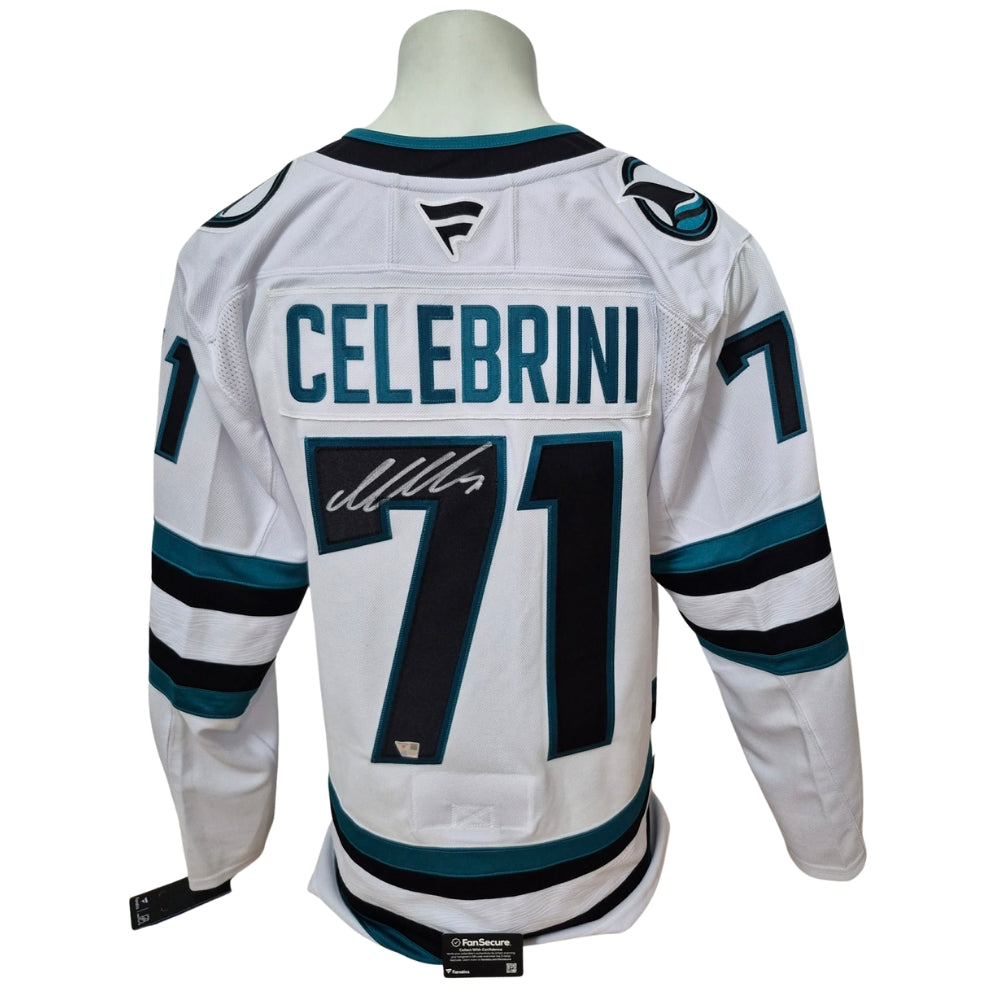 Chandail officiel Fanatics Premium signé - Macklin Celebrini visiteur Fanatics coa