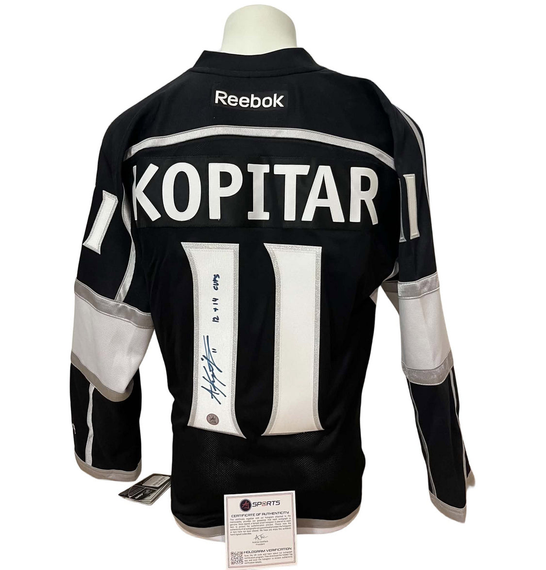Official Reebok signed jersey - Anze Kopitar home inscribed with 2014 stanley cup patch AJs coa