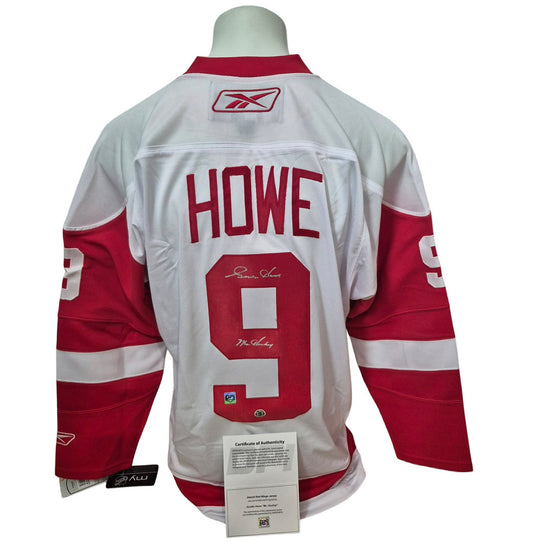 Chandail officiel Reebok signé - Gordie Howe blanc inscrit Mr hockey DPI coa