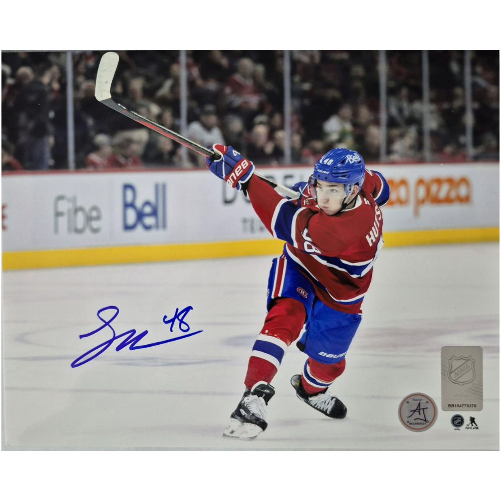 Photo officielle 8x10 signée - Lane Hutson (tir frappé) Ajs coa