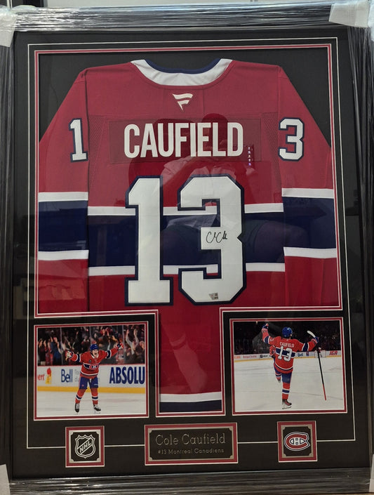 FRAMED Official Fanatics Premium signed jersey with 2 pics - Cole Caufield home Fanatics coa