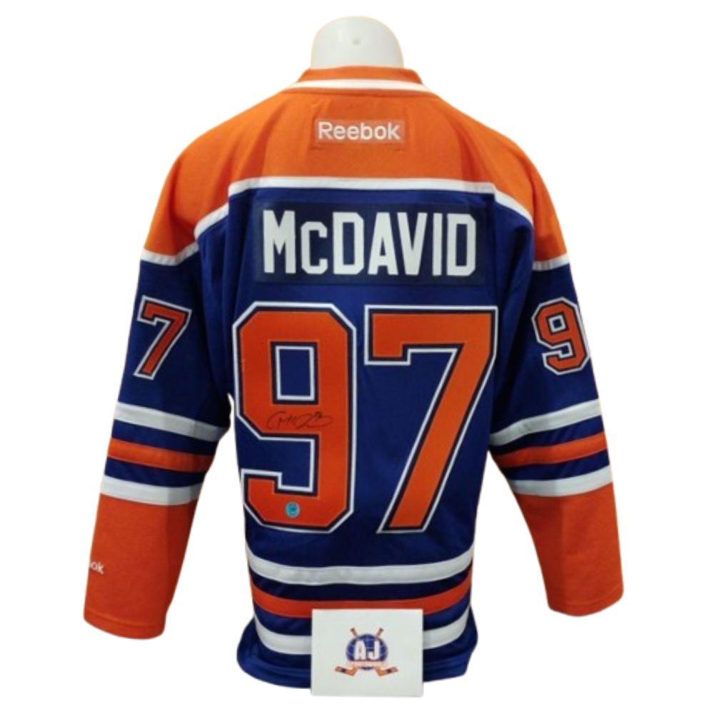 Chandail officiel Reebok réplique signé - Connor McDavid recrue bleu AJs coa
