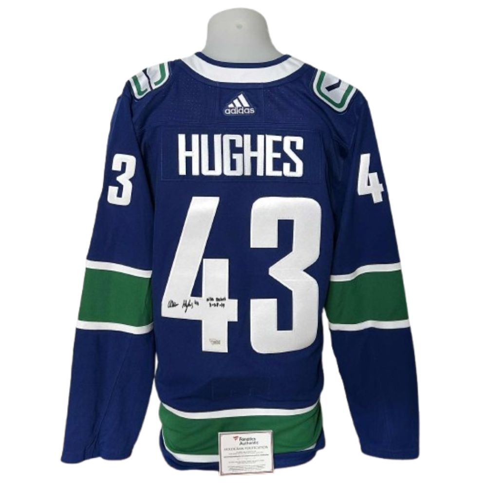 Official Adidas signed jersey - Quinn Hughes home inscribed nhl debut Fanatics coa