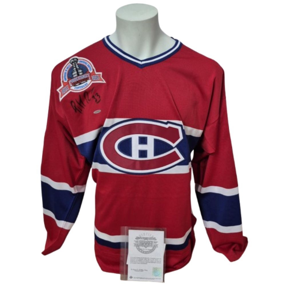 Chandail officiel Mitchell and Ness signé - Patrick Roy centennaire rouge avec écusson de la coupe stanley à l'avant UD coa